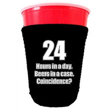 Load image into Gallery viewer, black party cup koozie with 24 hours in a day beers in a case coincidence design 
