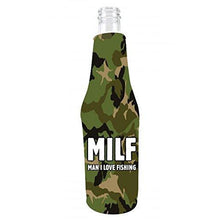 Load image into Gallery viewer, camo beer bottle koozie with MILF, man i love fishing funny text design
