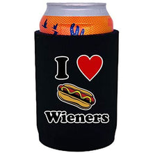 Load image into Gallery viewer, black full bottom can koozie with &quot;i love wieners&quot; text and hot dog illustration design
