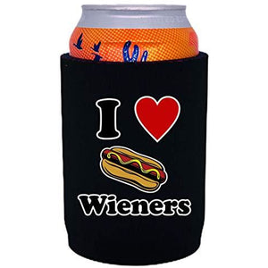 black full bottom can koozie with "i love wieners" text and hot dog illustration design