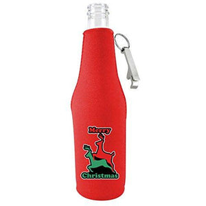 red beer bottle koozie with opener and reindeer humping graphic with "merry christmas" text funny design