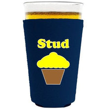 Load image into Gallery viewer, pint glass koozie with stud muffin design
