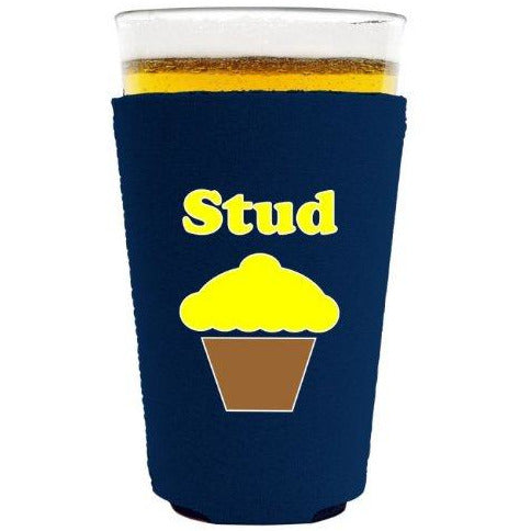 pint glass koozie with stud muffin design