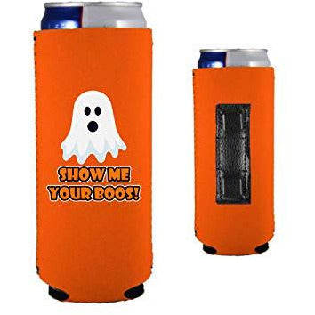 orange magnetic slim can koozie with show me your boos funny halloween design