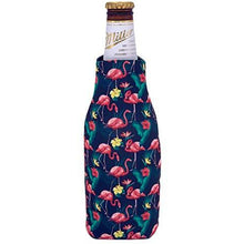 Load image into Gallery viewer, beer bottle koozie with pink flamingo and flowers pattern design
