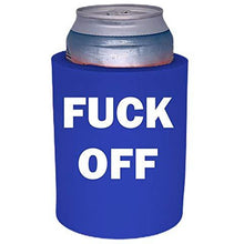 Load image into Gallery viewer, royal blue old school thick foam koozie with fuck off design 
