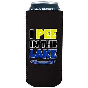 black 16oz can koozie with “I pee in the lake” funny text design
