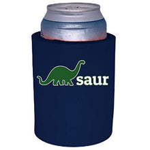 Load image into Gallery viewer, navy blue thick foam old school can koozie with dino-saur design
