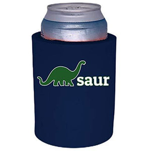 navy blue thick foam old school can koozie with dino-saur design