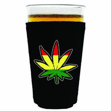 Load image into Gallery viewer, pint glass koozie with rasta design
