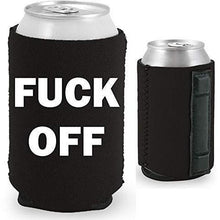 Load image into Gallery viewer, black magnetic can koozie with fuck off text in white
