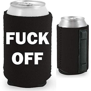 black magnetic can koozie with fuck off text in white