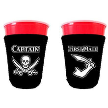 Load image into Gallery viewer, black party cup koozie with captain and first mate design 
