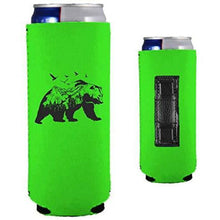 Load image into Gallery viewer, bright green magnetic slim can koozie with mountain bear graphic design
