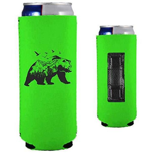 bright green magnetic slim can koozie with mountain bear graphic design