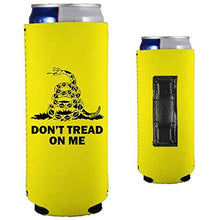 Load image into Gallery viewer, yellow magnetic slim can koozie with gadsden flag don&#39;t tread on me design and snake graphic
