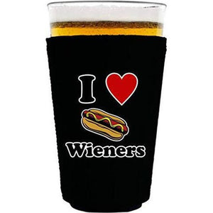 black pint glass koozie with "i (heart) wieners" funny text and hot dog graphic design