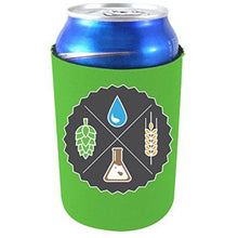 Load image into Gallery viewer, neon green can koozie with 4 ingredients of beer logo design
