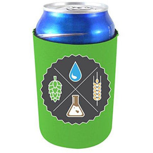neon green can koozie with 4 ingredients of beer logo design