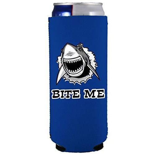 slim can koozie with bite me shark design