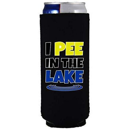 black slim can koozie with “I pee in the lake” funny text design