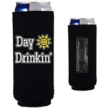 Load image into Gallery viewer, black magnetic slim can koozie with “day drinkin” funny text design
