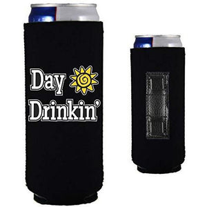 black magnetic slim can koozie with “day drinkin” funny text design