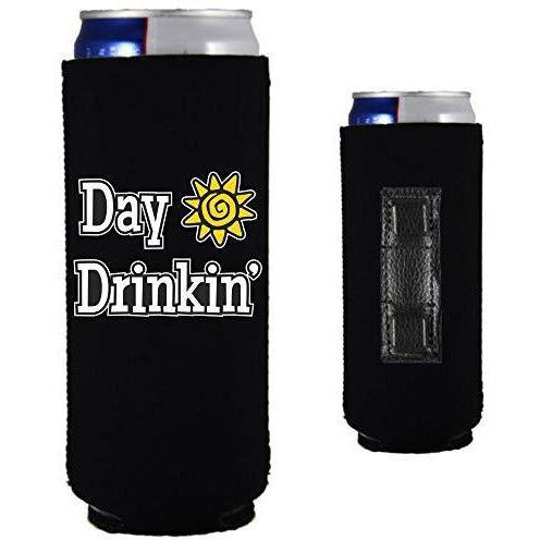 black magnetic slim can koozie with “day drinkin” funny text design