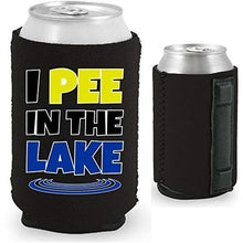 Load image into Gallery viewer, black magnetic can koozie with “I pee in the lake” funny text design
