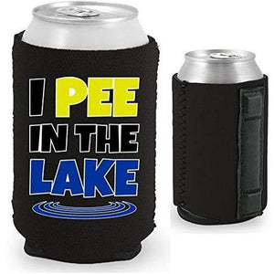 black magnetic can koozie with “I pee in the lake” funny text design