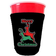 Load image into Gallery viewer, black party cup koozie with merry christmas design 
