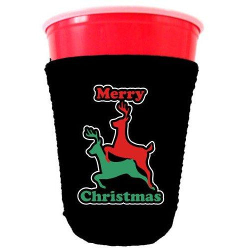 black party cup koozie with merry christmas design 