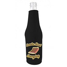 Load image into Gallery viewer, black zipper beer bottle koozie with funny smoke meat everyday design 
