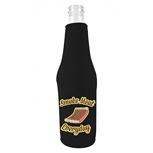 black zipper beer bottle koozie with funny smoke meat everyday design 