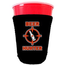 Load image into Gallery viewer, black party cup koozie with beer hunter design
