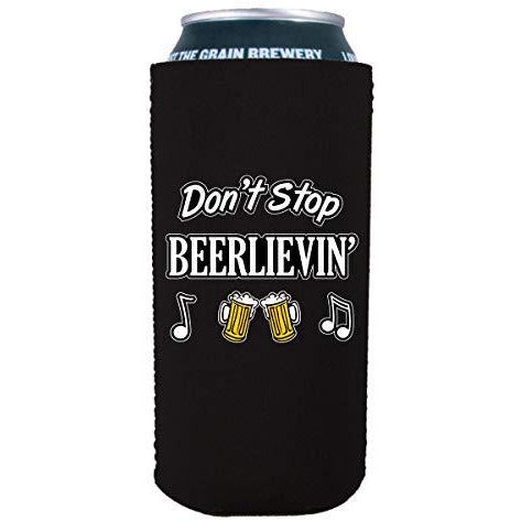 16 oz can koozie with dont stop believing design