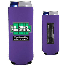 Load image into Gallery viewer, purple magnetic slim can koozie with funny go fuck yourself buy a vowel design
