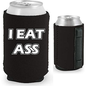 black magnetic can koozie with "i eat ass" funny text design
