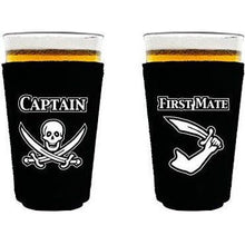 Load image into Gallery viewer, pint glass koozie with captain and first mate design
