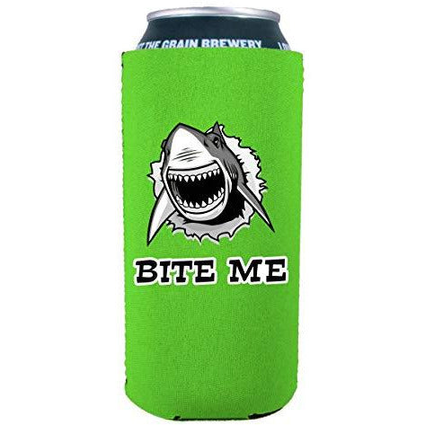 16 oz can koozie with bite me shark funny design 