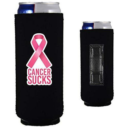 black magnetic slim can koozie with cancer sucks text and pink ribbon graphic