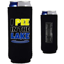 Load image into Gallery viewer, black magnetic slim can koozie with “I pee in the lake” funny text design
