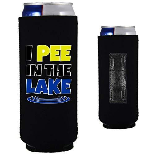 black magnetic slim can koozie with “I pee in the lake” funny text design