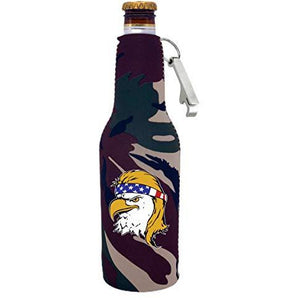 Bald Eagle Mullet Beer Bottle Coolie with Opener Attached