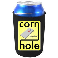 Load image into Gallery viewer, black can koozie with cornhole, nice bag text and game board with bean bag
