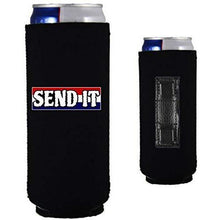 Load image into Gallery viewer, Black magnetic slim can koozie with “send it” text with red white and blue background design
