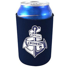Load image into Gallery viewer, navy blue can koozie with captain awesome anchor design and text
