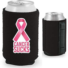 Load image into Gallery viewer, black magnetic can koozie with cancer sucks text and pink ribbon graphic
