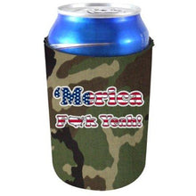 Load image into Gallery viewer, camo can koozie with &quot;merica fuck yeah&quot; text filled with stars and stripes design
