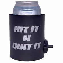 Load image into Gallery viewer, black thick foam can koozie with shotgun beer device and &quot;hit it n quit it&quot; text design in silver
